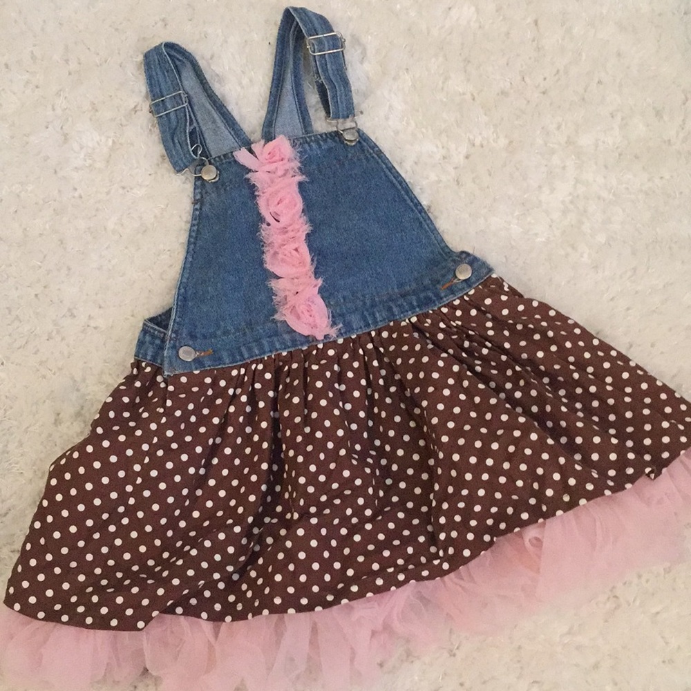 Greggy girl denim overall dress pink brown dots 4T